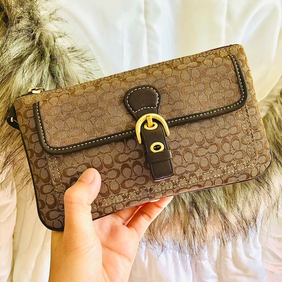 COACH⚡️Auth Brown Signature Flap Pocket Wristlet - Picture 1 of 10